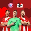 Três jogadores do FC Bayern de Munique estão em pé diante de um fundo vermelho com formas geométricas de coração. Da esquerda para a direita: Harry Kane, Jamal Musiala e Manuel Neuer. Acima deles estão os logotipos do FC Bayern de Munique e da Doppelherz, indicando uma parceria entre as marcas.